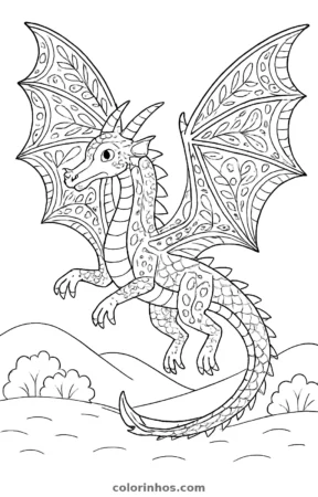 Dragão de asas grandes, desenho em preto e branco para colorir