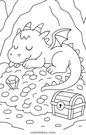 Dragão dormindo sobre seu tesouro, desenho em preto e branco para colorir