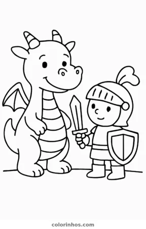 Dragão e cavaleiro, desenho em preto e branco para colorir