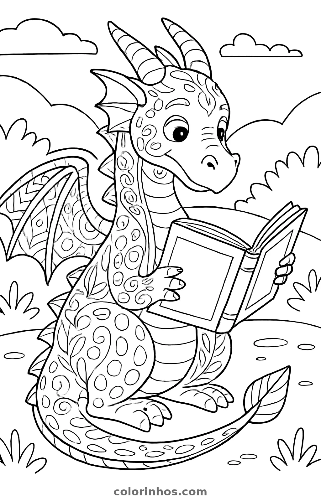 Dragão sentado no gramado lendo um livro aberto, com o corpo coberto de espirais, desenho para colorir