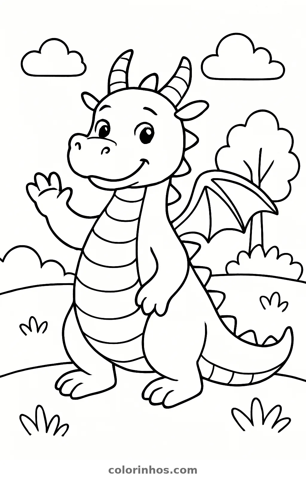 Dragão sorridente de pé acenando num morro com árvore e nuvens, desenho para colorir