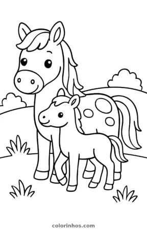 Égua e potro, desenho em preto e branco para colorir
