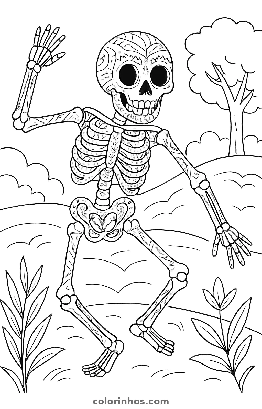Esqueleto dançando, desenho em preto e branco para colorir