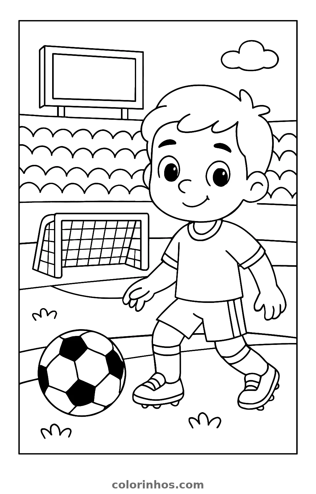 Menino de chuteiras caminhando ao lado da bola num estádio com arquibancada, placar e gol ao fundo, desenho para colorir