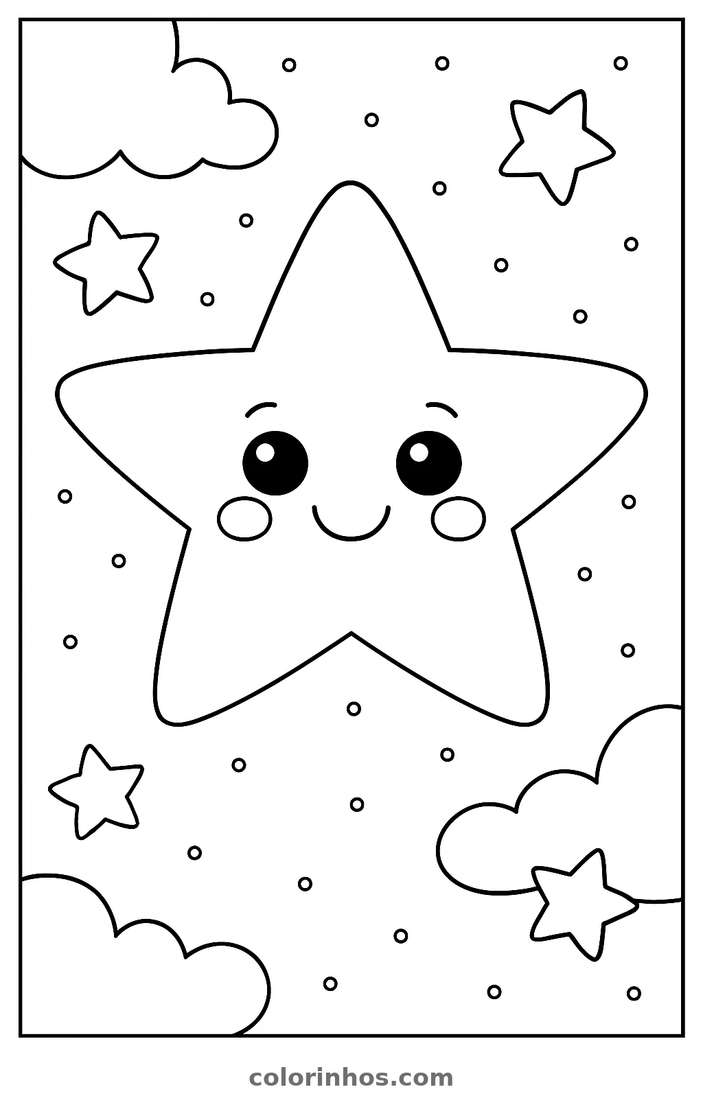 Estrela sorridente de bochechas redondas dentro de uma moldura com nuvens e estrelinhas, desenho para colorir