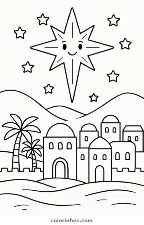 Estrela de Belém sobre o povoado, desenho em preto e branco para colorir