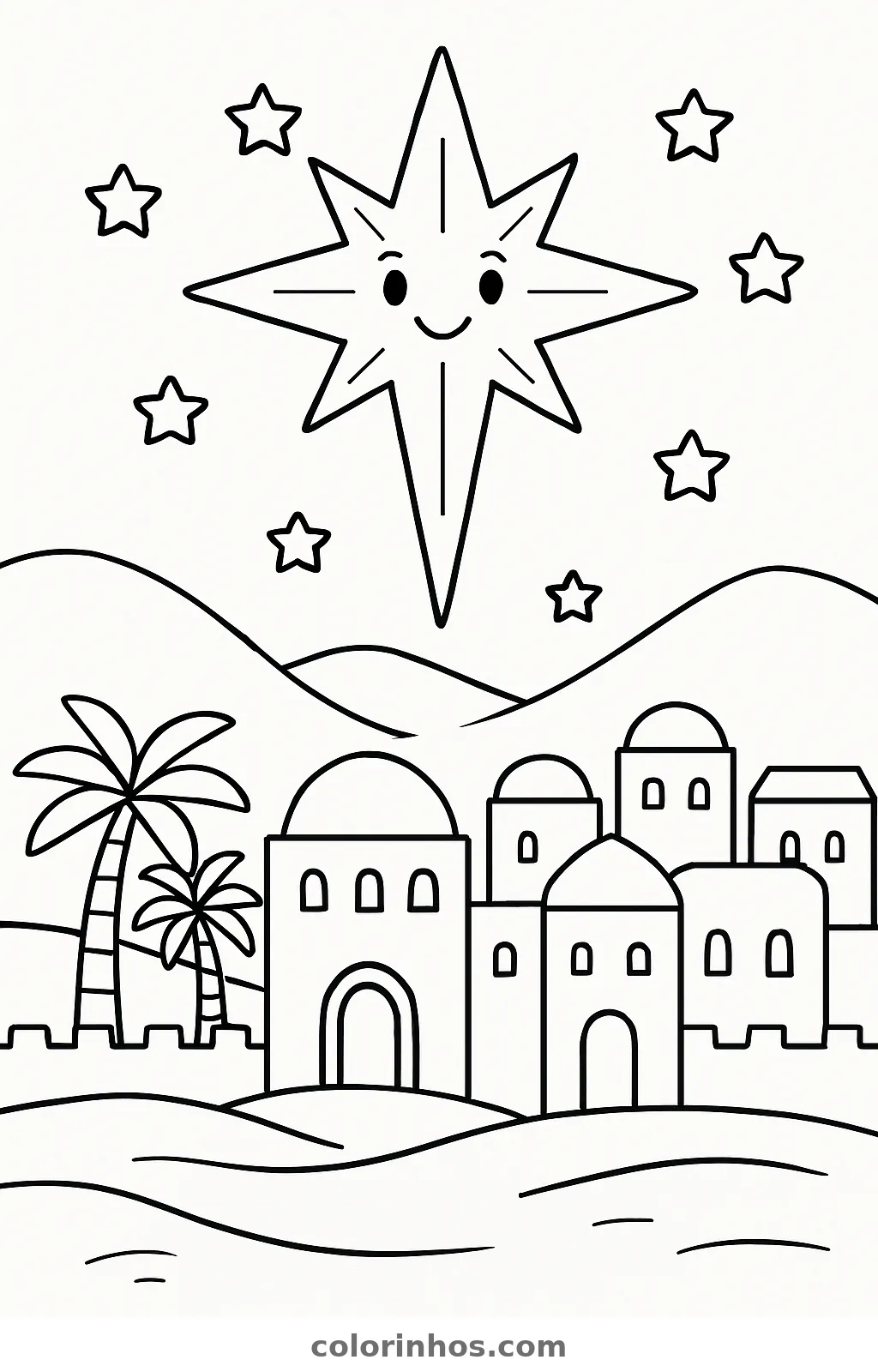 Estrela de Belém sobre o povoado, desenho em preto e branco para colorir