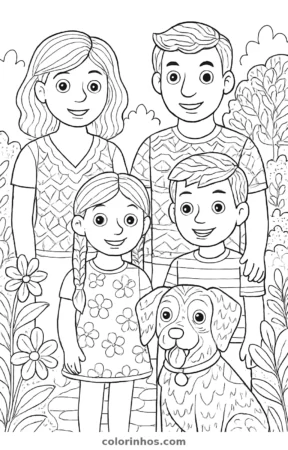 Família com seu cachorro, desenho em preto e branco para colorir