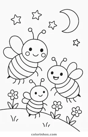 Família de abelhas, desenho em preto e branco para colorir