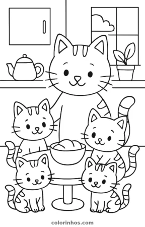 Família de gatos, desenho em preto e branco para colorir