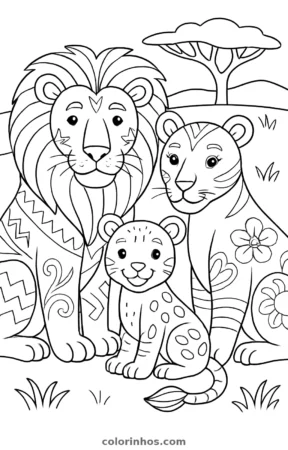 Família de leões, desenho em preto e branco para colorir