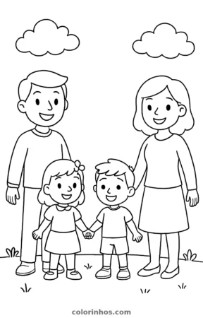 Família de mãos dadas, desenho em preto e branco para colorir