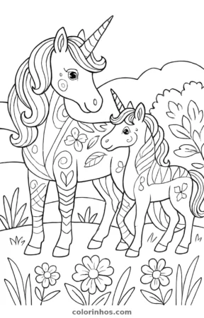 Família de unicórnios, desenho em preto e branco para colorir