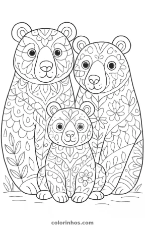 Família de ursos, desenho em preto e branco para colorir