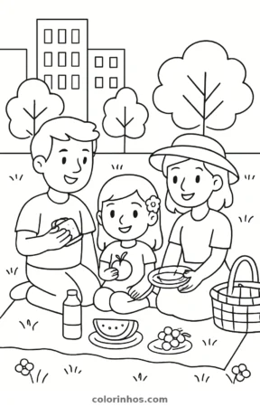 Família fazendo piquenique no parque, desenho em preto e branco para colorir