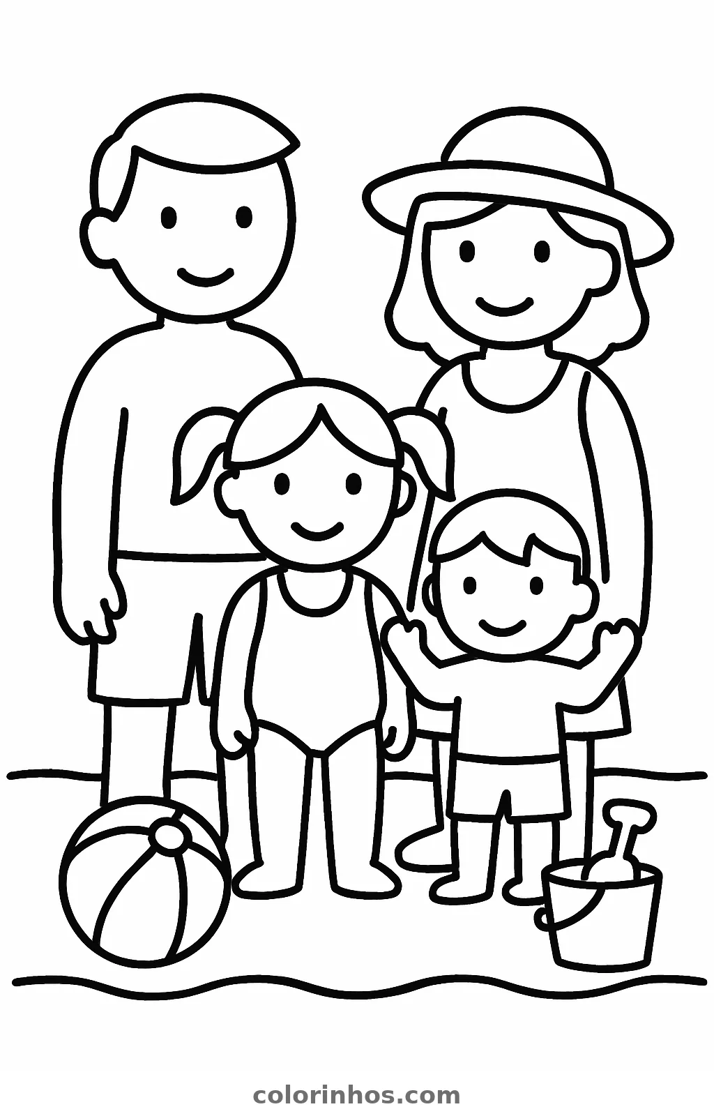 Família na praia, desenho em preto e branco para colorir