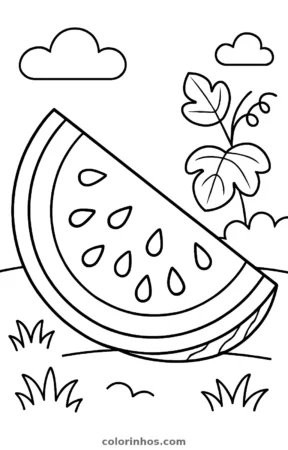 Fatia de melancia, desenho em preto e branco para colorir