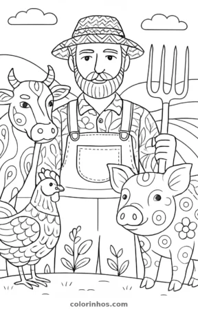 Fazendeiro com seus animais, desenho em preto e branco para colorir