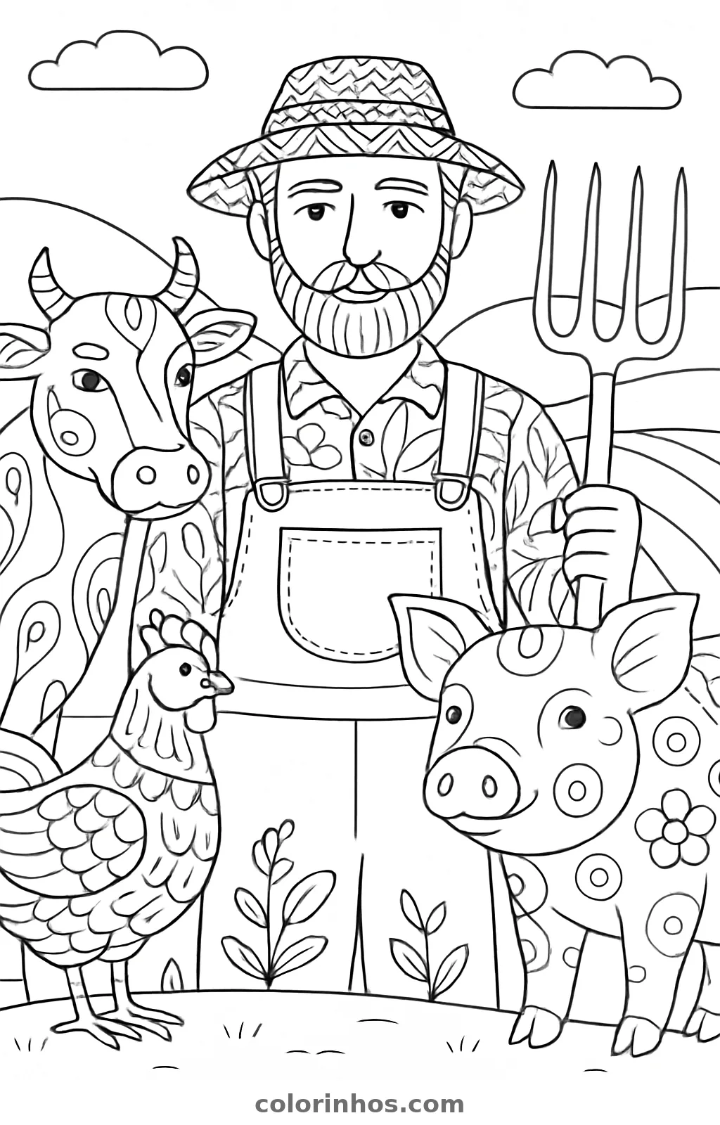 Fazendeiro de chapéu de palha e forcado ao lado de vaca, galinha e porco, desenho para colorir