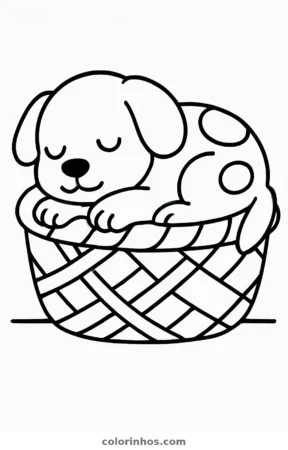 Filhote dormindo numa cesta, desenho em preto e branco para colorir