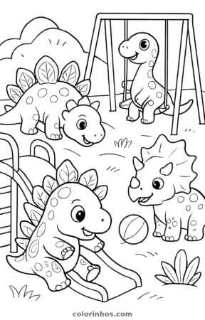 Filhotes de dinossauro brincando, desenho em preto e branco para colorir