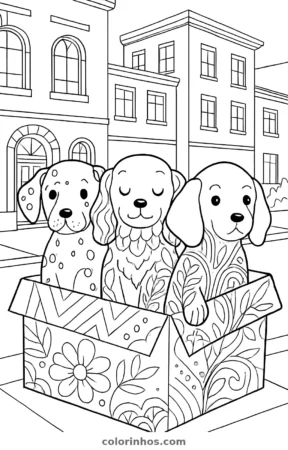 Filhotes numa caixa, desenho em preto e branco para colorir
