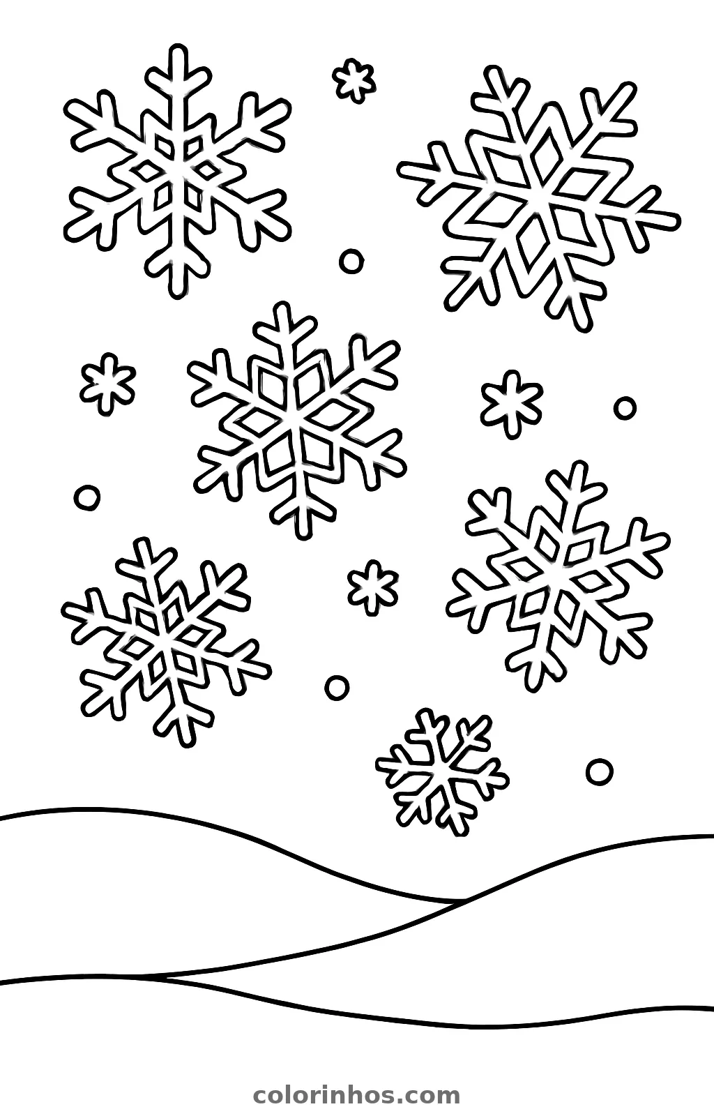 Seis flocos de neve grandes de seis braços, com floquinhos e bolinhas sobre montes ondulados, desenho para colorir