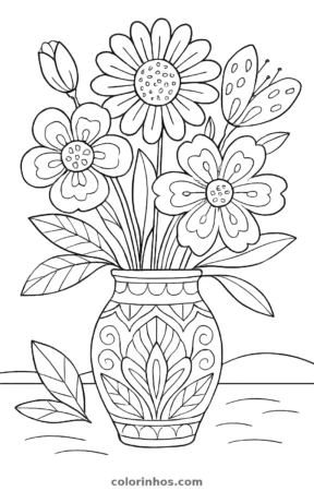 Flores num jarro, desenho em preto e branco para colorir