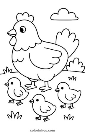 Galinha com seus pintinhos, desenho em preto e branco para colorir