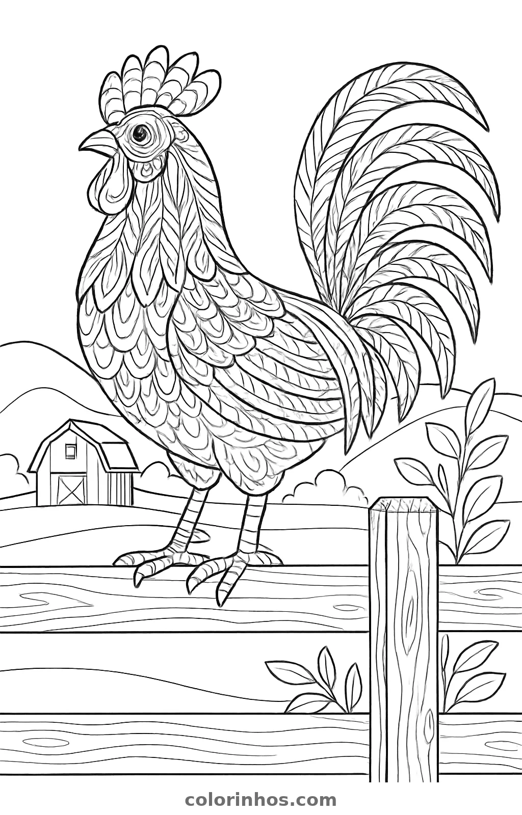 Galo de penas detalhadas em cima de uma cerca de madeira, celeiro ao fundo, desenho para colorir