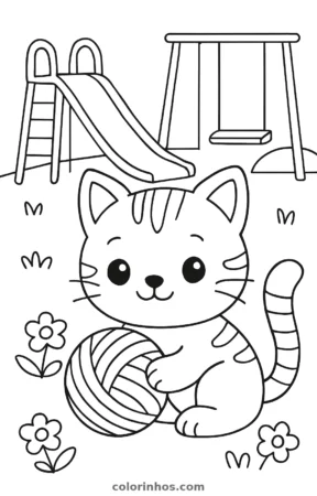 Gatinho com um novelo de lã, desenho em preto e branco para colorir