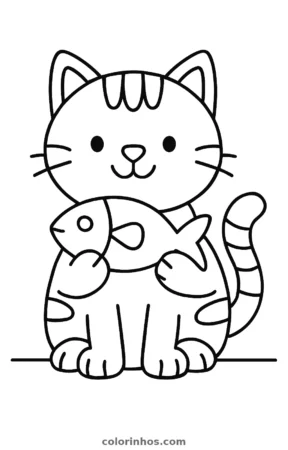 Gato com um peixe, desenho em preto e branco para colorir