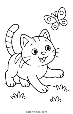 Gato correndo atrás de uma borboleta, desenho em preto e branco para colorir