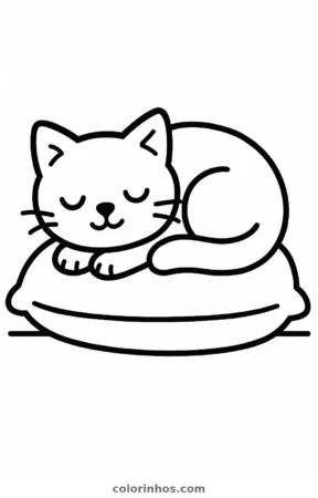 Gato dormindo numa almofada, desenho em preto e branco para colorir