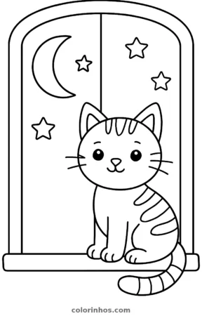 Gato na janela, desenho em preto e branco para colorir