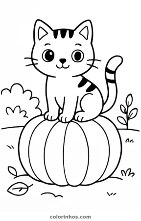 Gato preto em cima de uma abóbora, desenho em preto e branco para colorir
