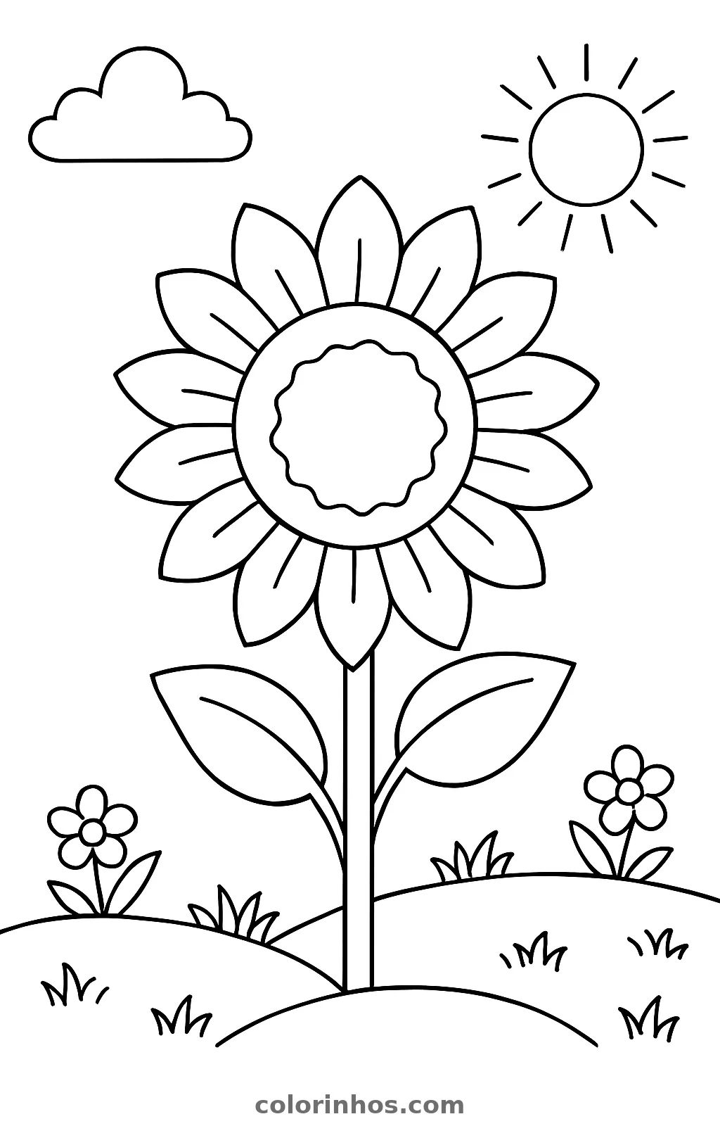 Girassol grande com duas folhas sobre morros, com sol e nuvem no céu, desenho para colorir