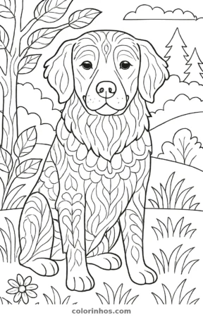 Golden retriever, desenho em preto e branco para colorir