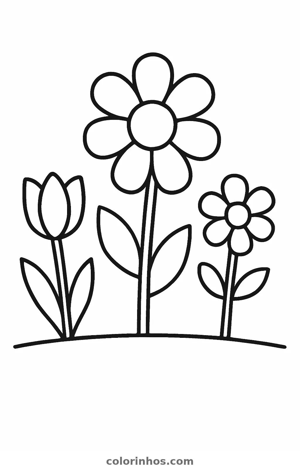 Uma tulipa e duas flores de pétalas redondas lado a lado sobre uma linha de chão, desenho para colorir