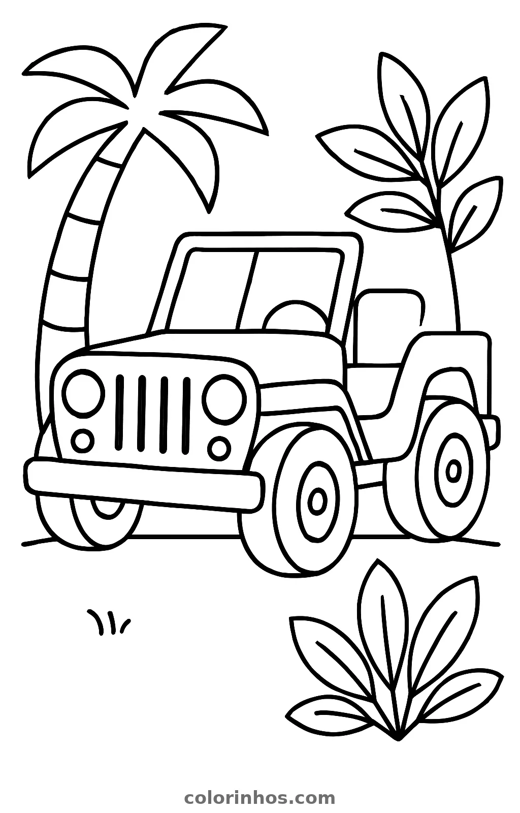 Jipe de frente entre uma palmeira e folhas grandes, traço grosso, desenho para colorir