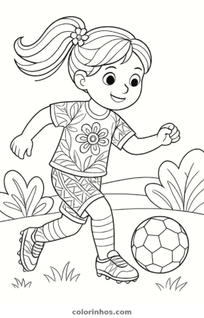 Menina de rabo de cavalo e roupa estampada correndo em direção à bola entre arbustos, desenho para colorir