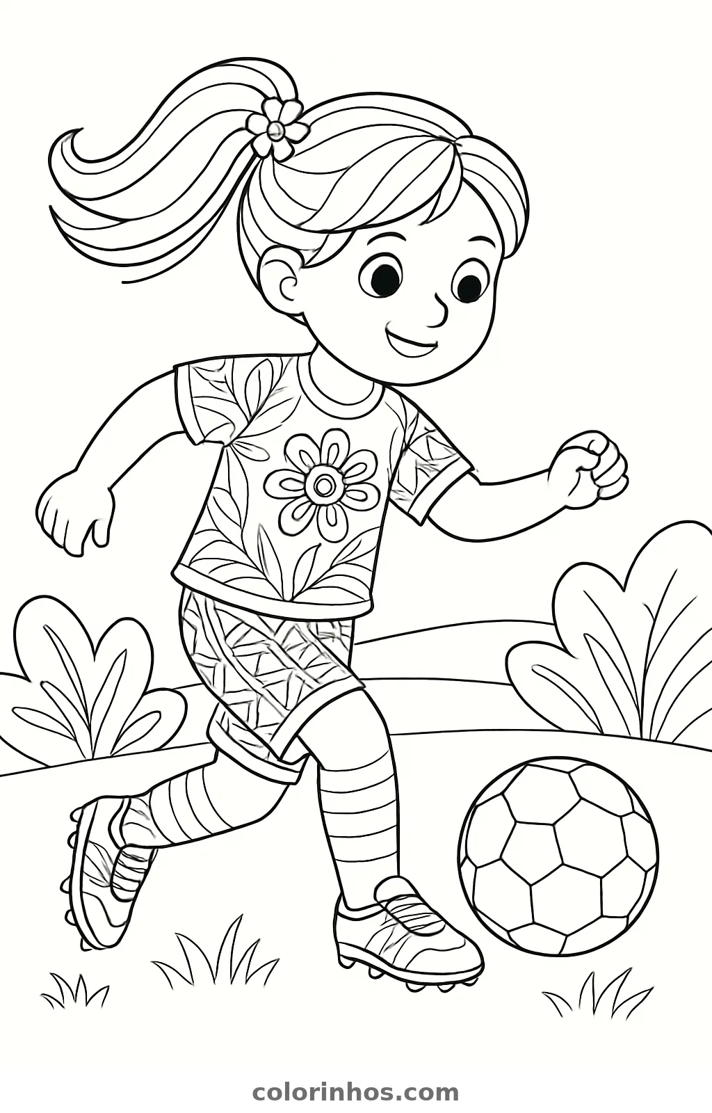 Menina de rabo de cavalo e roupa estampada correndo em direção à bola entre arbustos, desenho para colorir