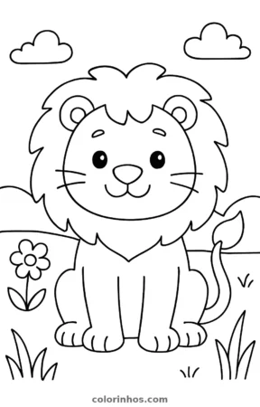 Leão com uma juba enorme, desenho em preto e branco para colorir