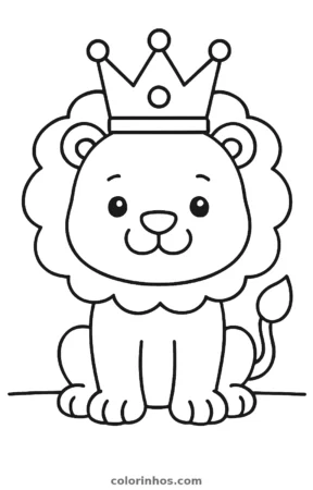 Leão de coroa, desenho em preto e branco para colorir