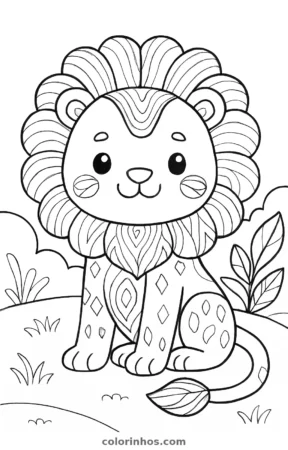 Leão kawaii, desenho em preto e branco para colorir