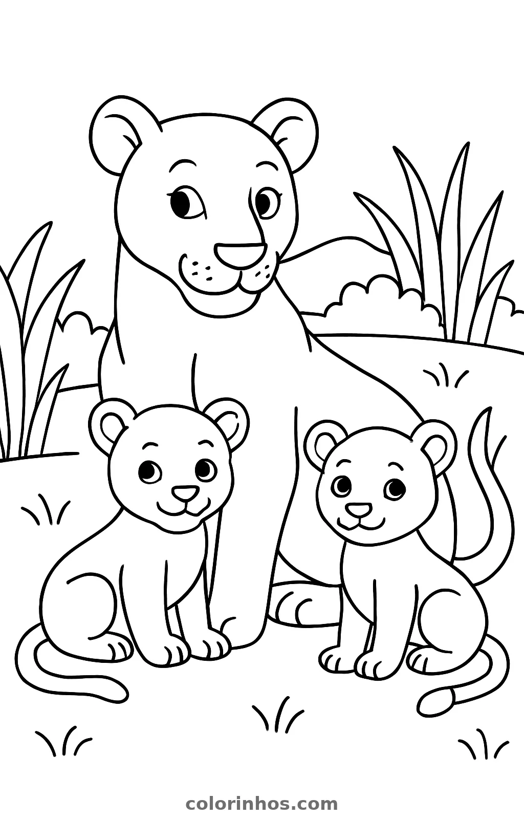 Leoa com seus filhotes, desenho em preto e branco para colorir