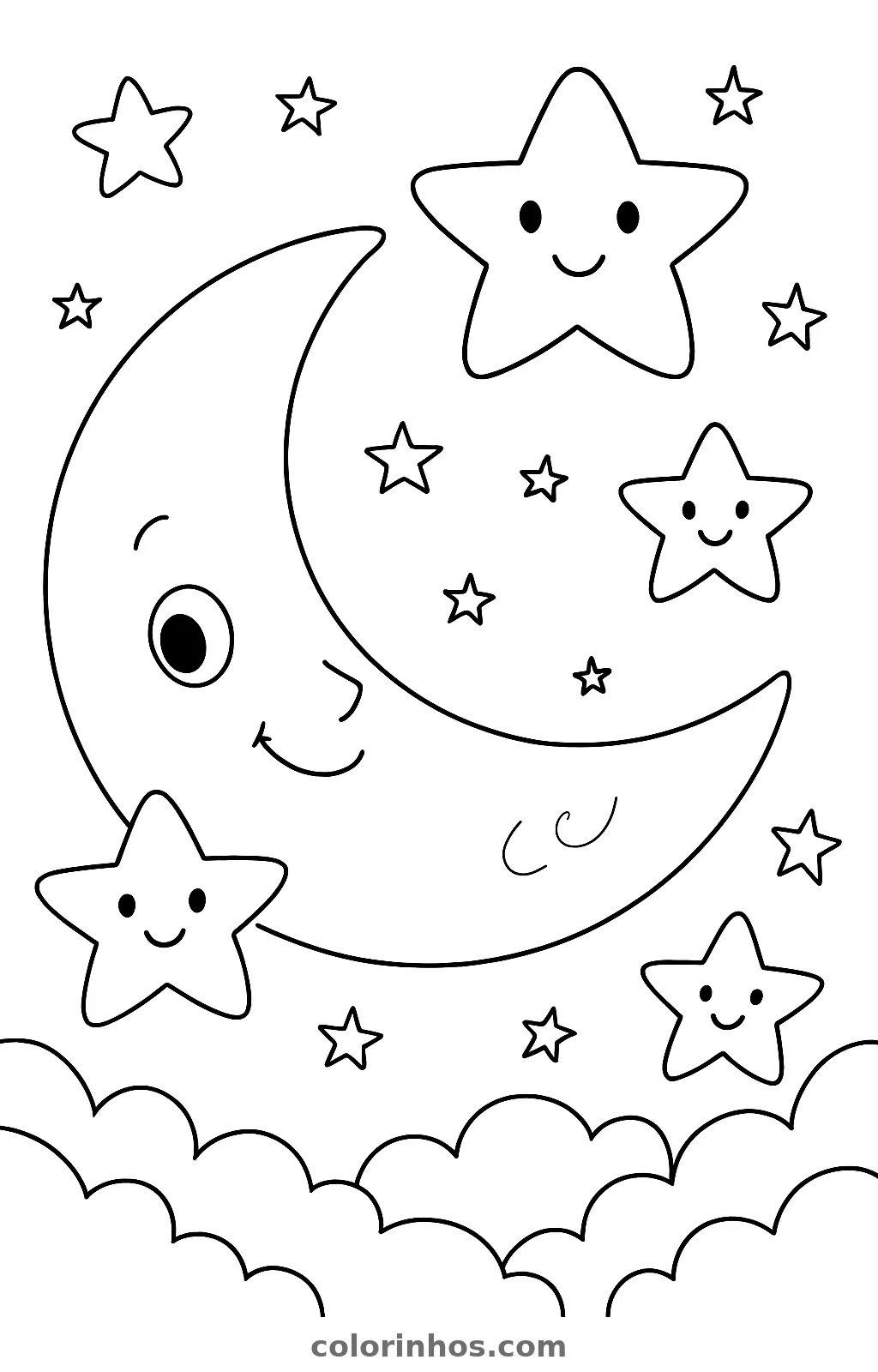 Lua e estrelas, desenho em preto e branco para colorir