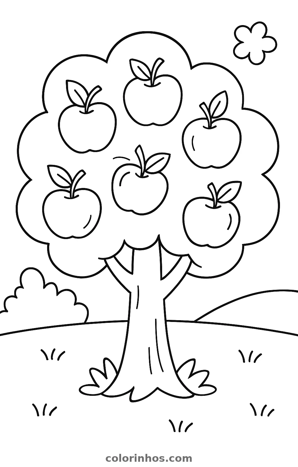 Macieira com seis maçãs na copa com um arbusto e um morro ao fundo e um morro, desenho para colorir