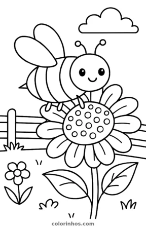 Mamangava num girassol, desenho em preto e branco para colorir