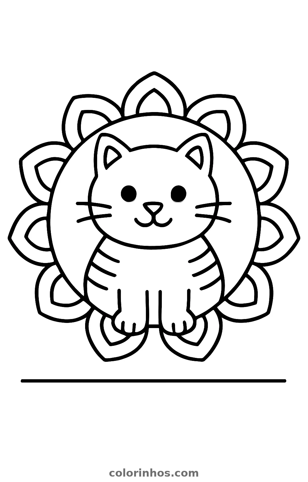 Gato sorridente sentado dentro de um círculo rodeado de pétalas duplas, desenho para colorir
